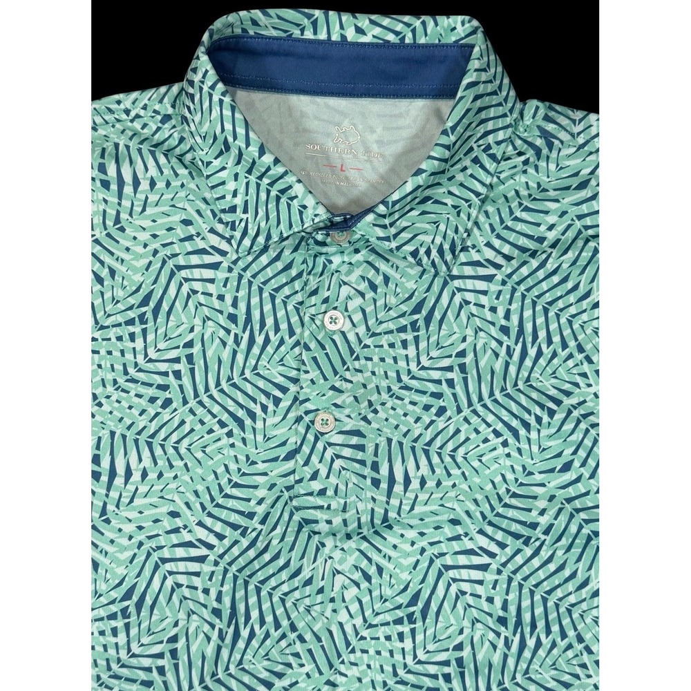 Southern Tide Mens Teal Blue Palm Leaf Print Performance Golf Polo Shirt Large